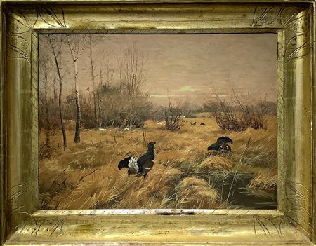 Pittore degli inizi del XX secolo. Campo con galli cedroni neri. 40x50, olio...