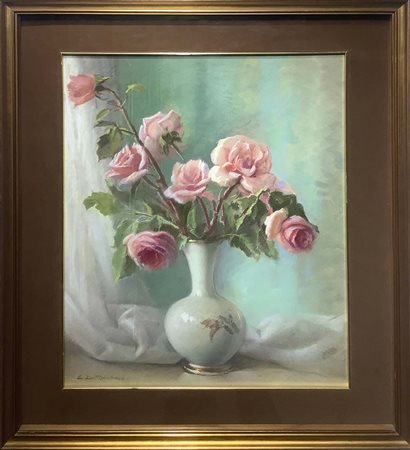 Emanuele Di Giovanni (Catania1887 – Catania 1979). Vaso con rose rosa. 84x49,...