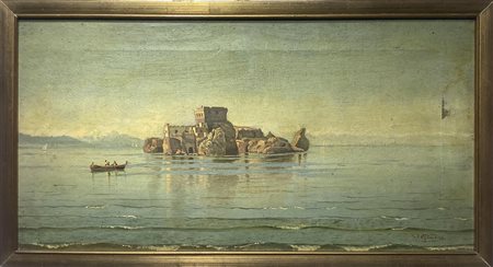 Elvira Del Giudice. Castello sul mare. 25x50, olio su tela. Firmato in basso...