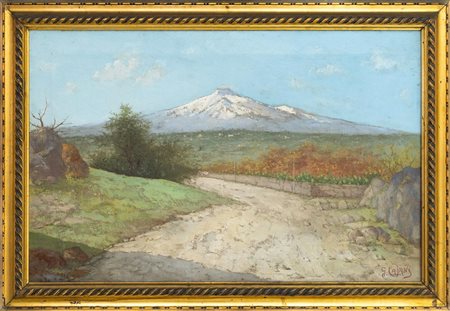 G. Cajani. XIX/XX secolo. Paesaggio con Etna. 42X64,5, olio su tela.