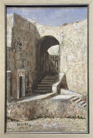 De Lisi. Scorcio di paese. 29x18,5, olio su tela. Firmato e datato 1986 in...