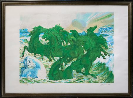 Aligi Sassu (Milano, 1912 – Pollença, 2000). Cavalli nel fiume. 43x57....