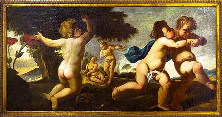 Pittore emiliano del XVII secolo. Paesaggio con gioco di putti. Cm 72x140,...