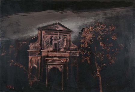 ALBERTO SUGHI Cesena 1928 - 2012 La chiesa e l'albero 1972-73 tempera su...