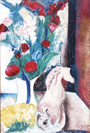 GIUSEPPE CESETTI Tuscania 1902 - Viterbo 1991 Fiori e cavallo (anni '60) olio...