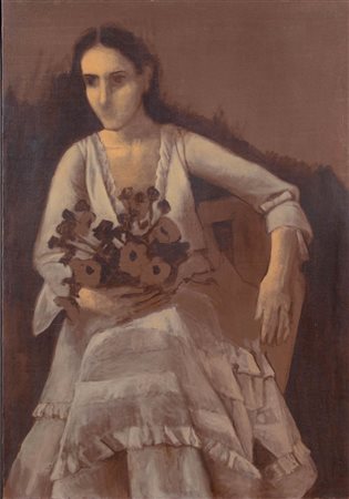 Pittore del XX sec., “Donna seduta con fiori”, 1990 circa.