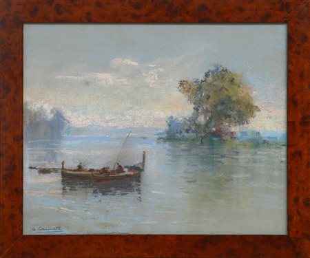 Antonio Cannata "Barche con pescatori" pastelli colorati su carta (cm 36x46) Fir