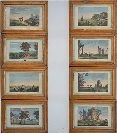 Gruppo di otto antiche incisioni inglesi a colori raffigurati paesaggi (fogli c