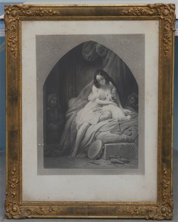 Incisione del secolo XIX raffigurante fanciulla con capretta (cm 60x80) In corn