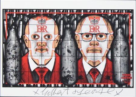 GILBERT & GEORGE Three Cheers Cartolina firmata Anno 2013 Dim. 10x14,5...