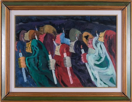 SAVERIO TERRUSO (Monreale 1939 - Milano 2003). “Processione”. Olio su tela....