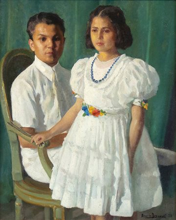 ROMOLO BERNARDI<br>Barge, 1876 - Torino, 1956 - Ritratto dei figli, 1957
