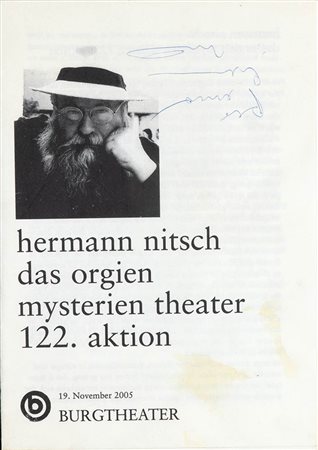 HERMANN NITSCH<br>Vienna, 1938 - Libro con autografo - “Herman Nitsch das orgien Mysterien Theater 122. Aktion”, Burgtheater, 19 November 2005