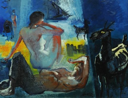 NINO GASPARRI 1910 - 1989 " All'improvviso un'ombra ", 1972 Olio su tavola,...