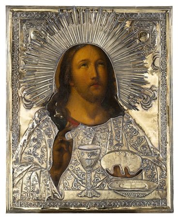 Icona ad olio su tavola raffigurante Cristo benedicente, riza in vermeille sbal