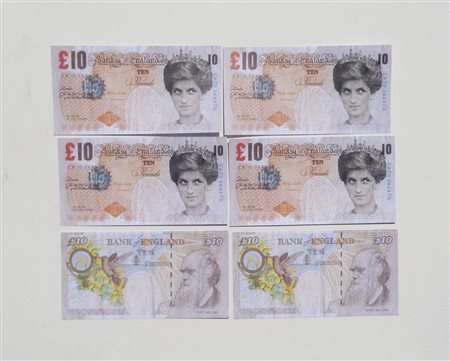 Banksy Di Faced Tenner 10 Pounds;6 banconote Banksy of England Offest, 14,5 x...