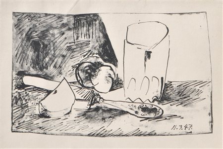 Pablo Picasso Pommes, verre et couteau, 1947;Litografia, 17,5 x 28 cm...