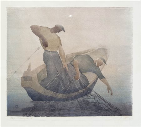 Hans Ott Pescatori, 1958; Xilografia, 45,5 x 50,8 cm Firma e data