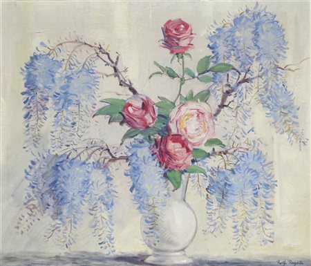 Rolf Regele (Bozen/Bolzano 1899 – 1987) Rose e glicine in vaso;Dipinto ad...