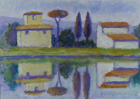 Dino Migliorini (Rignano sull'Arno, 1907 - Firenze, 2005) Case sul fiume Olio...