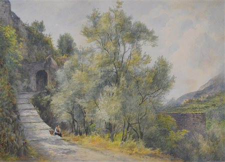 Samuel William Oscroft (1834 - 1924) VECCHIA E STRADA A RAVELLO acquerello su...