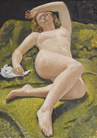 Giovanni Colacicchi (1900 - 1992) NUDO FEMMINILE olio su tela, cm 71x50 firma...