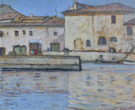 Galileo Chini (1873 - 1956) L'IMBOCCO DELLA VECCHIA DARSENA olio su tavola,...