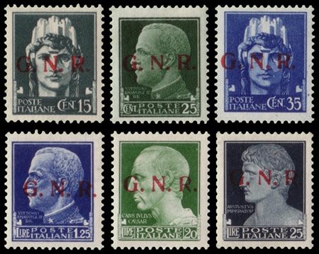 R.S.I. 1943
Tiratura di Brescia
"Imperiale". Serie completa di 6 valori con sop