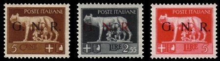 R.S.I. 1943
Tiratura di Brescia
"Imperiale, Lupa". Serie completa di 3 valori c