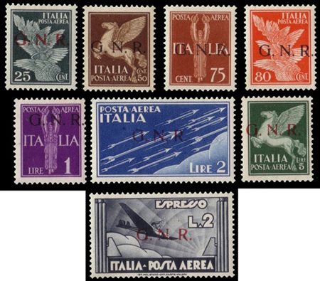 R.S.I. 1943
Tiratura di Brescia
Posta aerea "Imperiale". Serie completa di 8 va