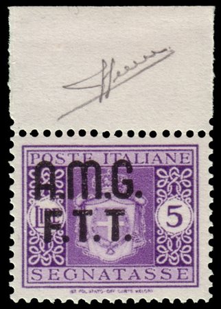 TRIESTE A 1947
Segnatasse. 5 lire violetto, senza filigrana, bordo di foglio su