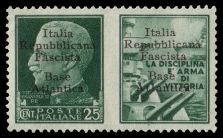 BASE ATLANTICA 1943
Propaganda di guerra. 25c. verde "Marina" con seconda sopra