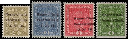 VENEZIA GIULIA 1918
Francobolli d'Austria soprastampati. I 4 alti valori della