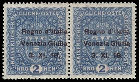 VENEZIA GIULIA 1918
2kr. azzurro, carta con fili di seta, soprastampato "Regno