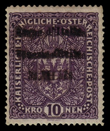 VENEZIA GIULIA 1918
10kr. violetto scuro, soprastampato a mano "Regno d'Italia