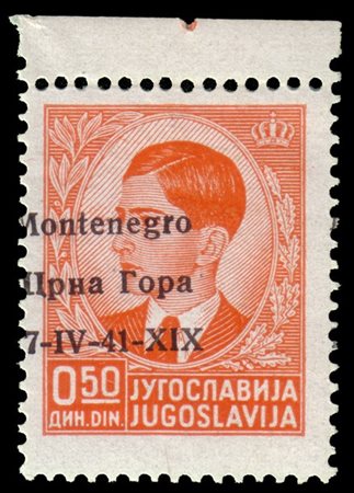 MONTENEGRO 1941
Occupazione italiana
Varietà. 50p. arancio, non emesso, soprast