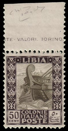 LIBIA 1927
"Pittorica". 50c. nero e oliva, senza filigrana, D.11 lineare, bordo