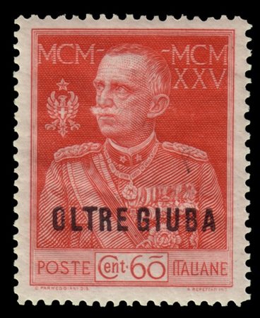 OLTRE GIUBA 1925
"Giubileo del Re". 60c. carminio D.13½
Ottima centratura.

Pro