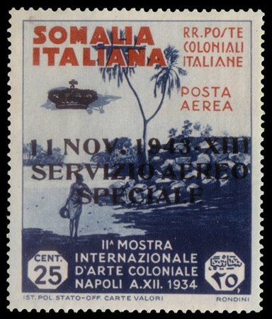 SOMALIA 1934
Varietà posta aerea di servizio. 25c. indaco e bruno arancio sopra