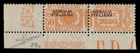 SOMALIA 1940
Varietà pacchi postali "Fascio". 50c. arancio con soprastampa spos