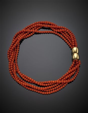 Collier a cinque fili in boules di corallo rosso/arancione con chiusura in oro