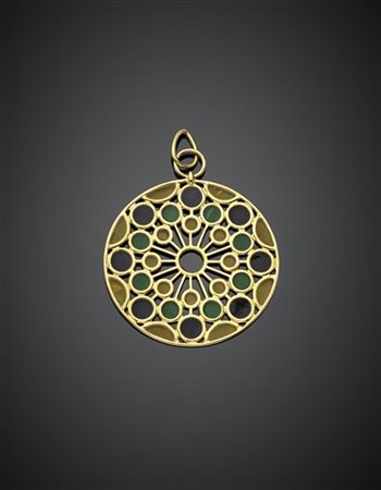 SCHREIBER
Pendente in oro giallo con smalti cattedrale, g 21,90 circa, diam. cm