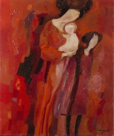 Trento Longaretti "Madre e ragazza su fondo rosso" 
olio su tela (cm 60x50)
Firm