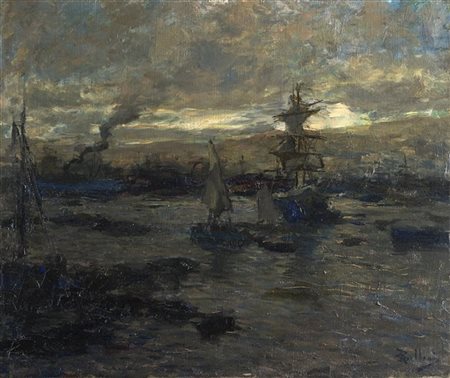 Giorgio Belloni "Sera nel porto" 
olio su compensato (cm 50x60)
Firmato in basso