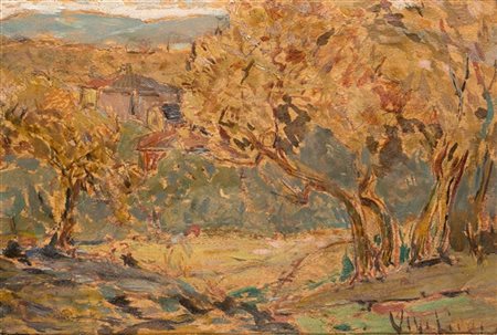 Ulvi Liegi "Campagna toscana" 
olio su compensato (cm 13x18,5)
Firmato in basso