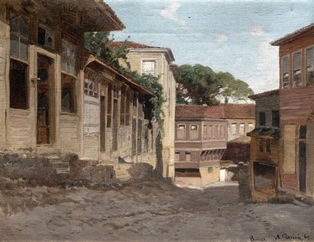 Alberto Pasini "Via a Beicos (Beykoz, Costantinopoli) " '69olio su tela (cm 31x39)Firmato, locato e data