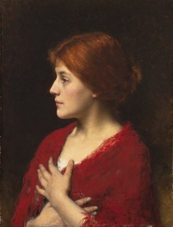 Alexei Alexeevich Harlamoff "The red shawl" olio su tela (cm 61,5x46,5)Firmato