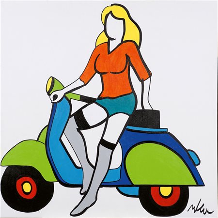 Marco Lodola Dorno 1955 100x100 cm. "Vespa", smalti su tela, firmato in basso...