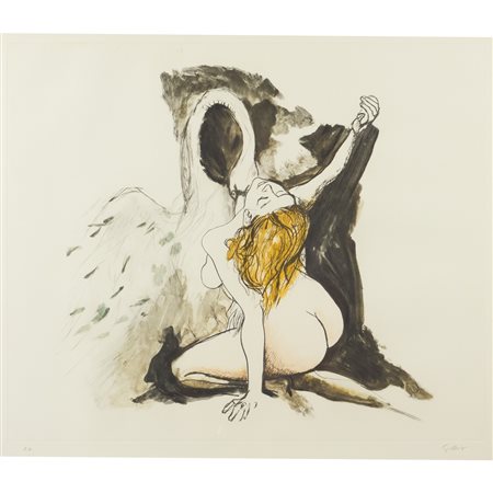 Renato Guttuso Bagheria 1911 - Roma 1987 57x65 cm. "Leda e il cigno",...