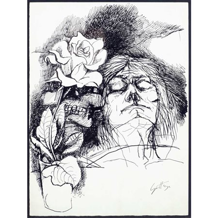 Renato Guttuso Bagheria 1911 - Roma 1987 33,5x25 cm. "Donna con rosa", china...